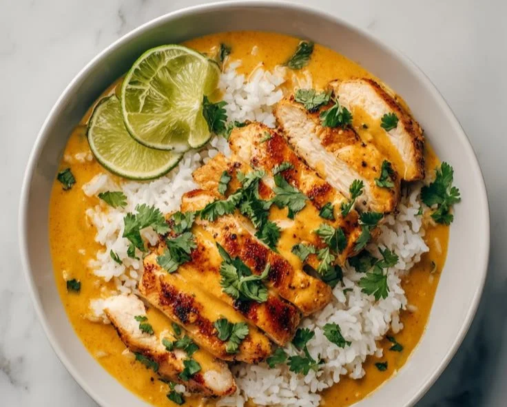 Coconut Chicken Rice Bowl with vibrant vegetables and chicken on a white plate