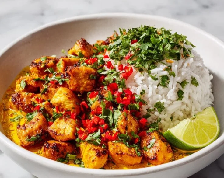 Delicious Coconut Chicken Rice Bowl topped with fresh herbs