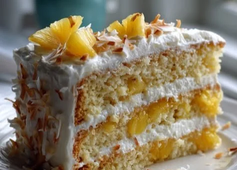 Coconut Pineapple Tropical Birthday Cake garnished with fresh fruit