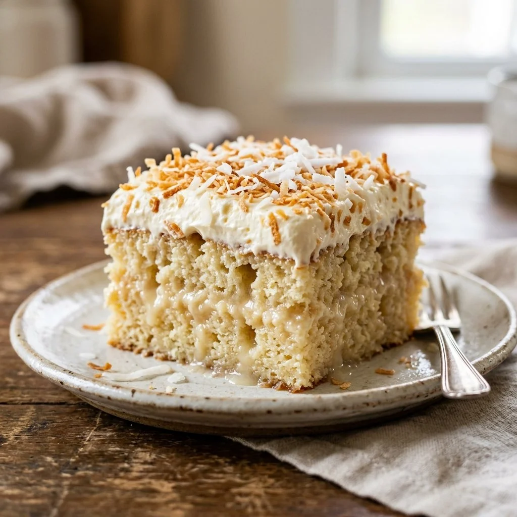 Deliciously moist Coconut Poke Cake topped with coconut cream and flakes