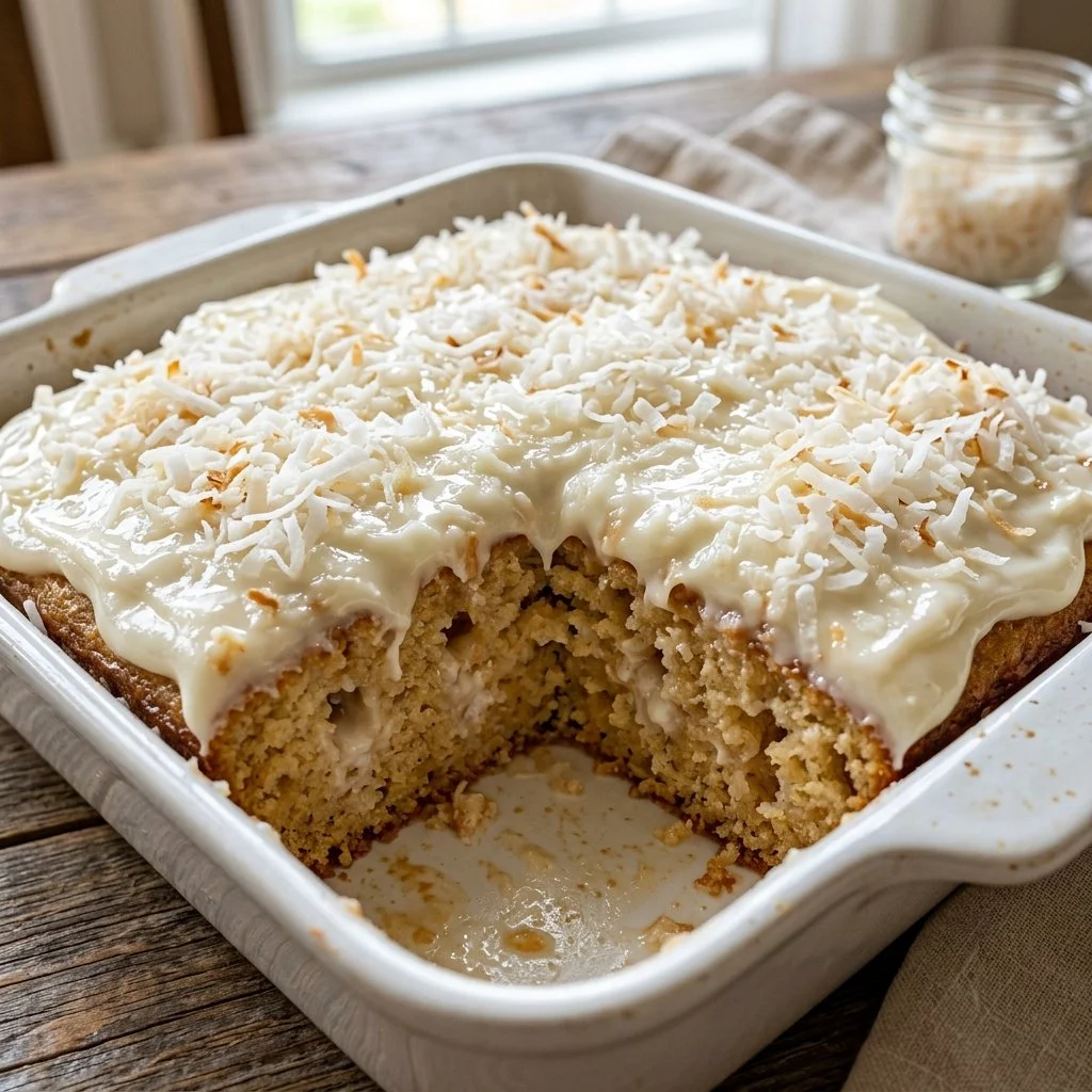 Delicious Coconut Poke Cake with creamy frosting and coconut drizzle