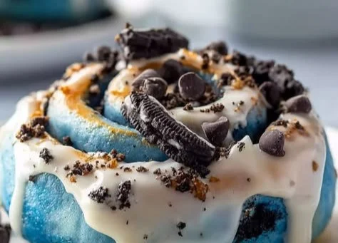 Delicious Cookie Monster cinnamon rolls with blue icing and cookie crumbles