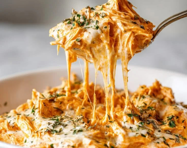 Creamy Cottage Cheese Buffalo Chicken Dip served in a bowl with tortilla chips