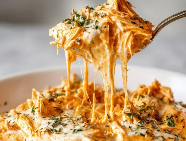 Cottage Cheese Buffalo Chicken Dip served in a bowl with tortilla chips