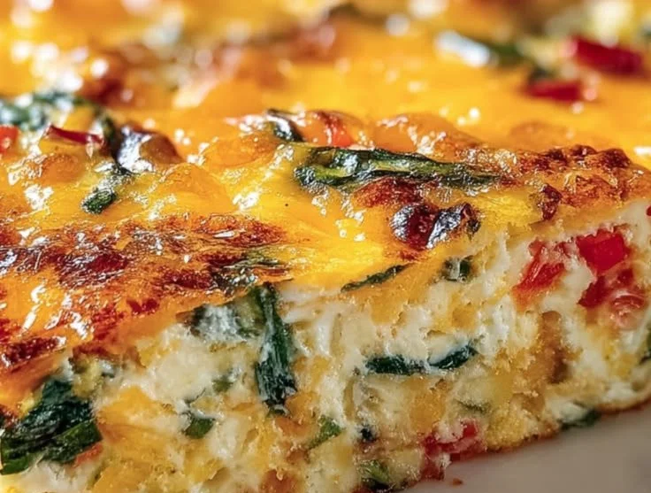 Healthy cottage cheese egg bake with fresh vegetables and herbs