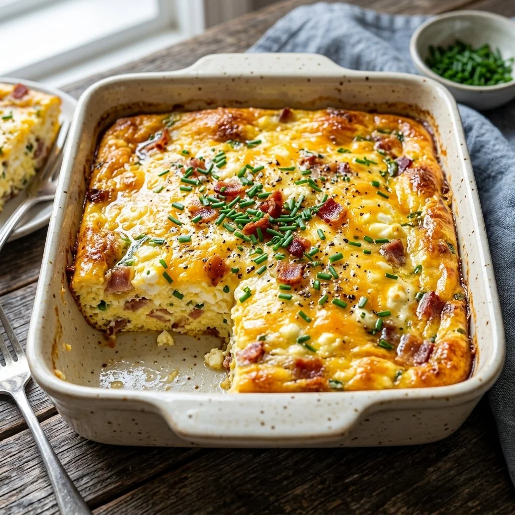 Delicious Cottage Cheese Egg Bake served in a casserole dish with fresh herbs