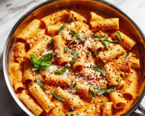 A delicious serving of Cottage Cheese Rigatoni topped with herbs and cheese