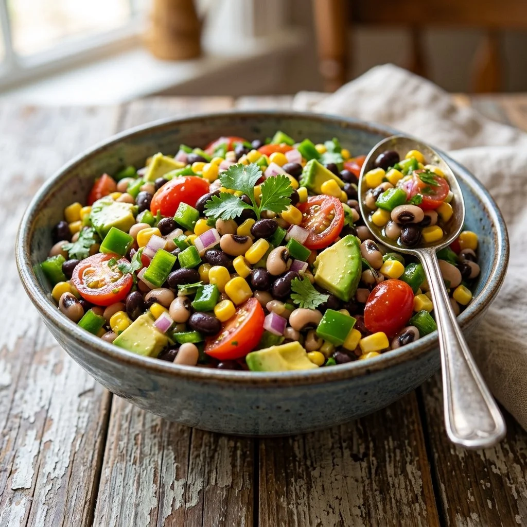 Bowl of Cowboy Caviar salad with black-eyed peas and colorful vegetables