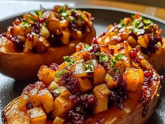 Cranberry apple twice-baked sweet potatoes topped with pecans