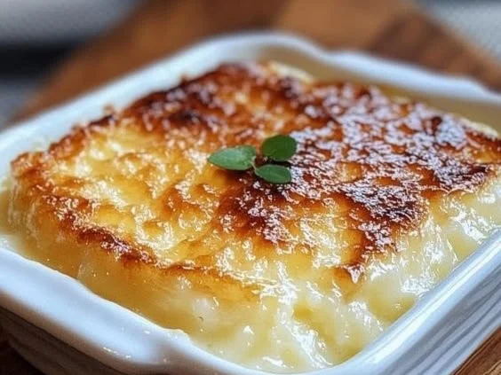 Creamiest baked rice pudding topped with a sprinkle of cinnamon
