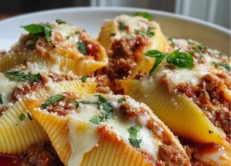 Creamy beef stuffed shells filled with ricotta cheese and topped with marinara sauce.