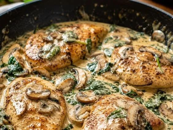 Creamy chicken and mushroom spinach skillet dish ready to serve