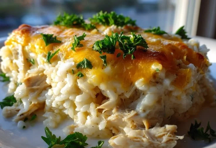 Creamy Chicken and Rice Casserole Bake topped with melted cheese.