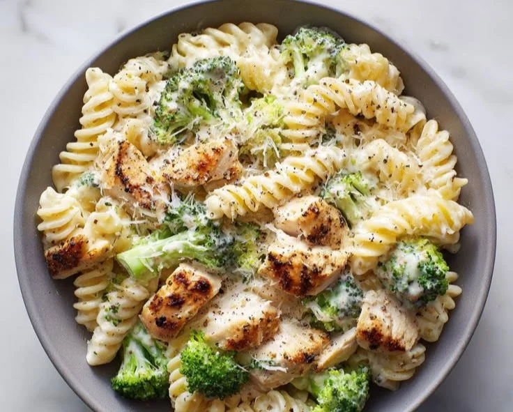 Creamy chicken broccoli pasta dish with colorful vegetables served in a bowl