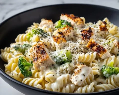 Creamy chicken broccoli pasta dish, a delicious high-protein family meal