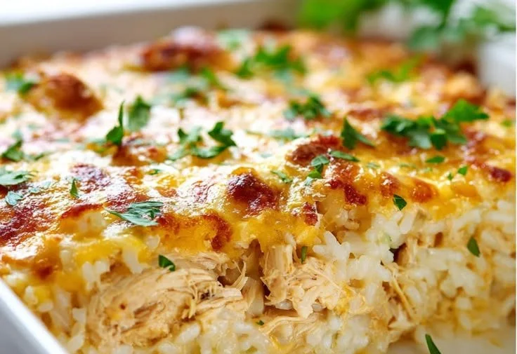 Creamy chicken rice casserole with melted cheese topping in a baking dish