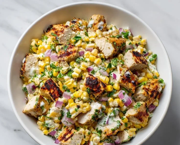 Creamy Chicken Street Corn Salad with fresh ingredients in a bowl