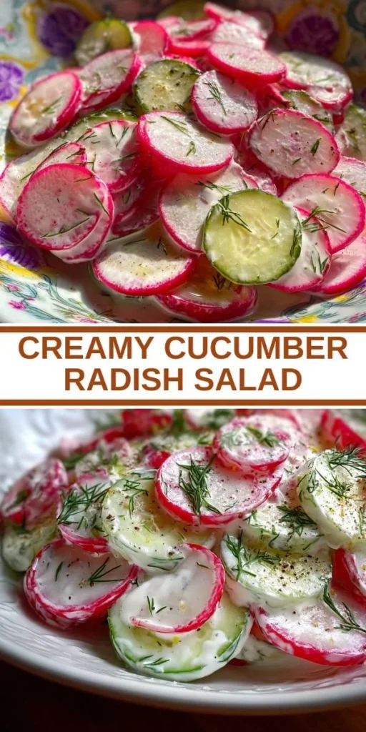 Creamy cucumber radish salad in a bowl with fresh herbs and dressing