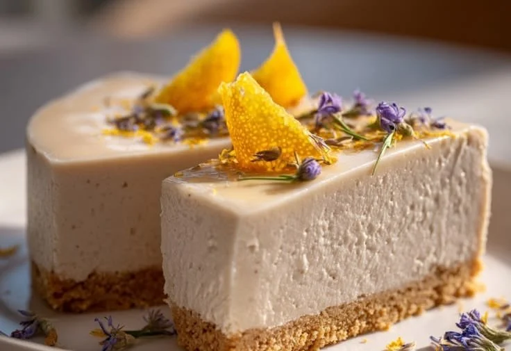 Creamy Earl Grey cheesecake topped with tea leaves and lemon zest