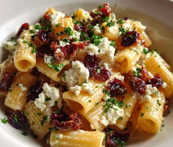 Creamy Feta and Cranberry Rigatoni Salad served in a bowl