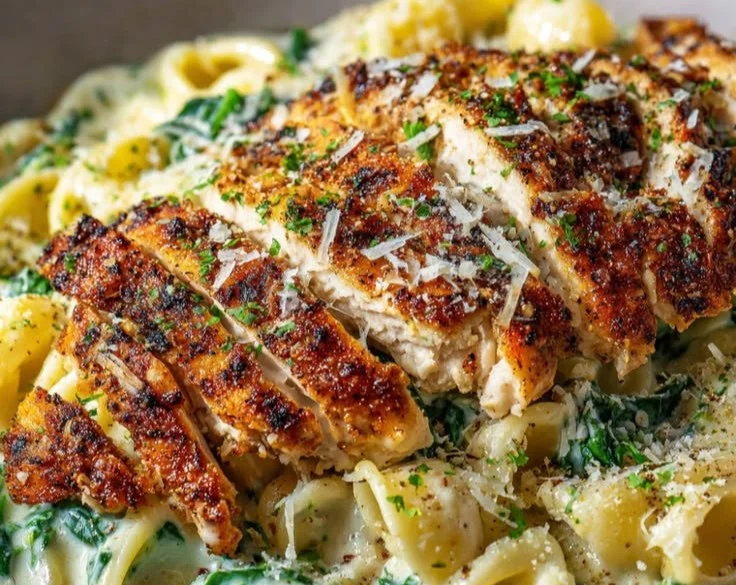 Creamy garlic parmesan pasta bowls with herbs and cheese.