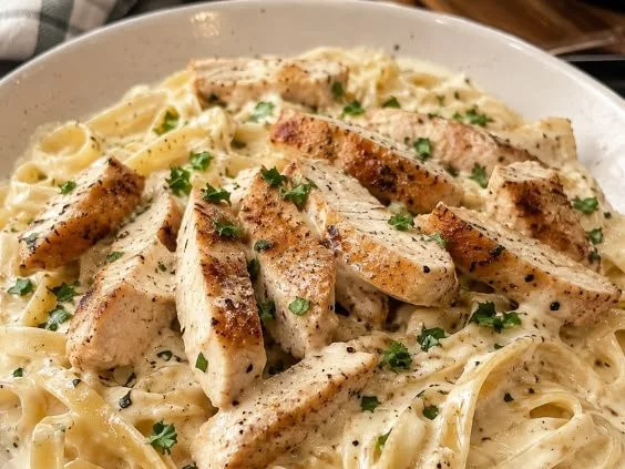 Creamy Keto Chicken Alfredo dish served with fresh herbs and parmesan cheese