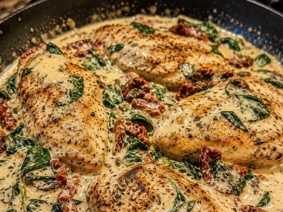 Delicious creamy Keto Tuscan Chicken served with fresh herbs and vegetables