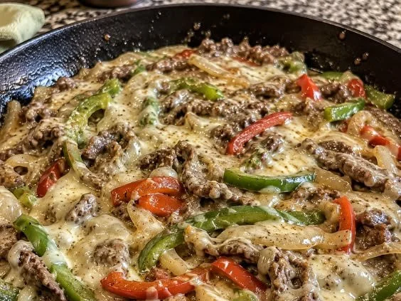Creamy low-carb Philly cheesesteak skillet with colorful vegetables and cheese.