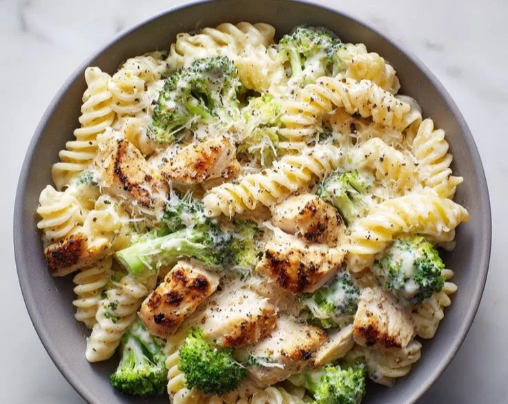 Creamy rotisserie chicken and broccoli pasta dish garnished with herbs
