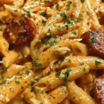 Creamy spicy Cajun sausage pasta in a bowl with colorful ingredients