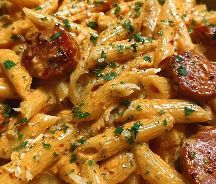 Creamy spicy Cajun sausage pasta in a bowl with colorful ingredients