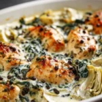 Creamy spinach artichoke chicken casserole served in a baking dish.