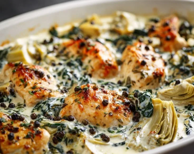 Creamy spinach artichoke chicken casserole served in a baking dish.