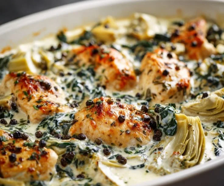 Creamy spinach artichoke chicken casserole dish served with herbs.
