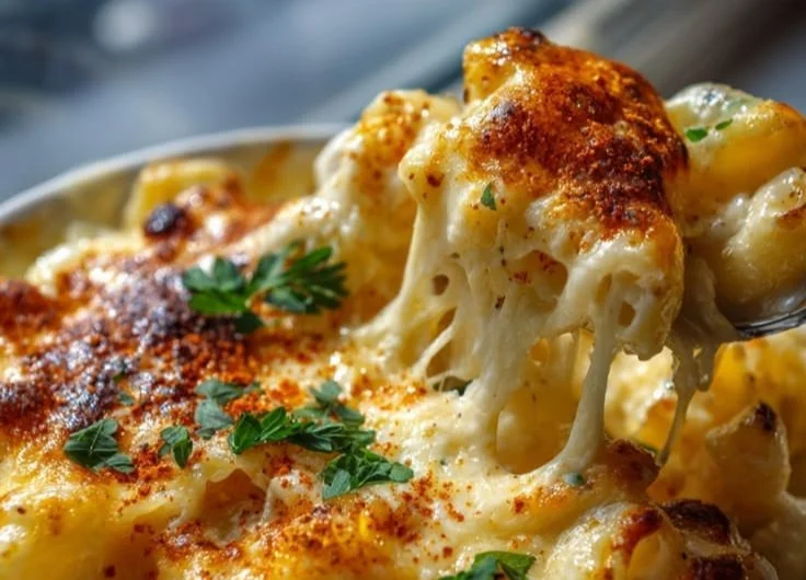 Creamy three cheese baked macaroni served in a dish, perfect for comforting meals
