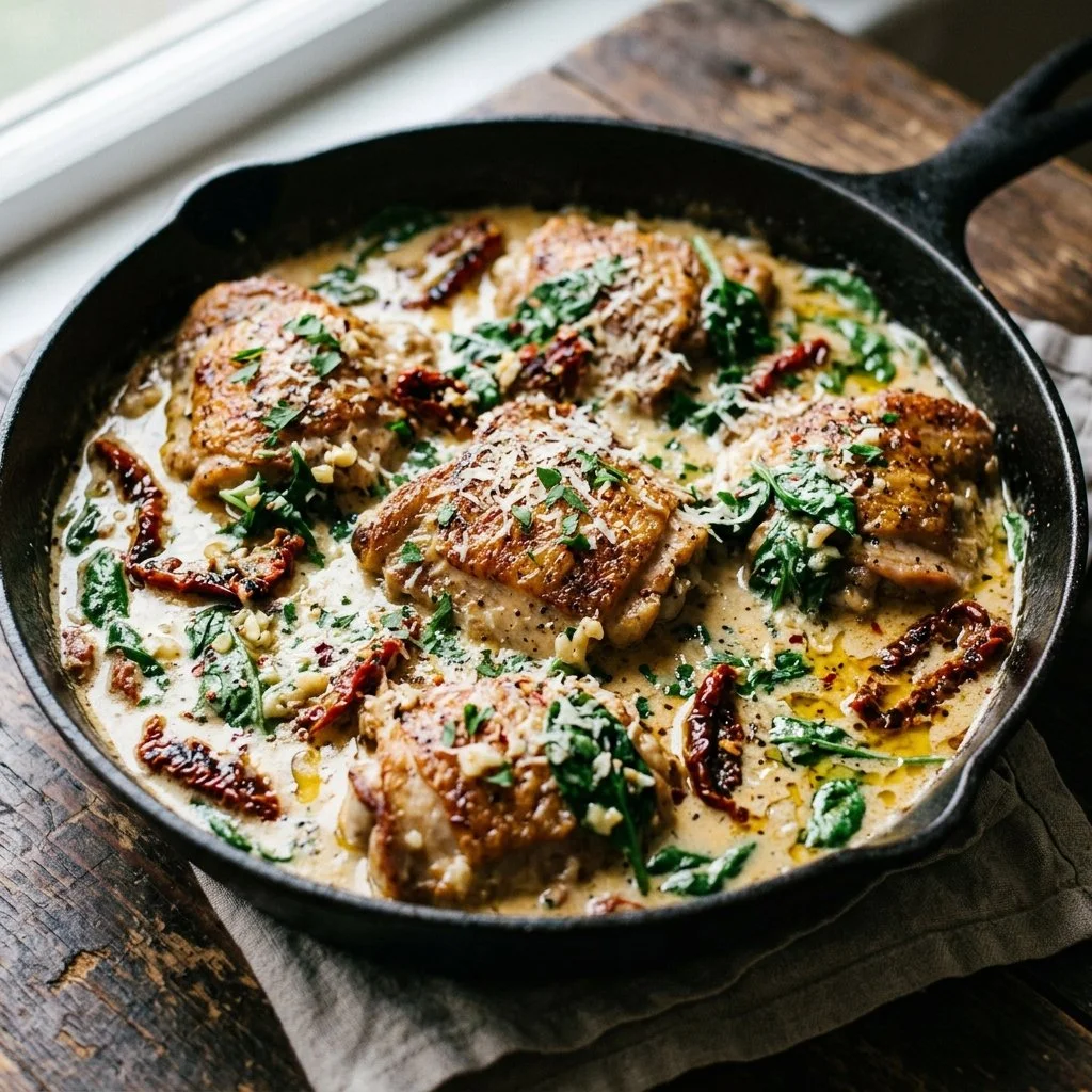 Delicious creamy Tuscan chicken served with garnishes and fresh herbs