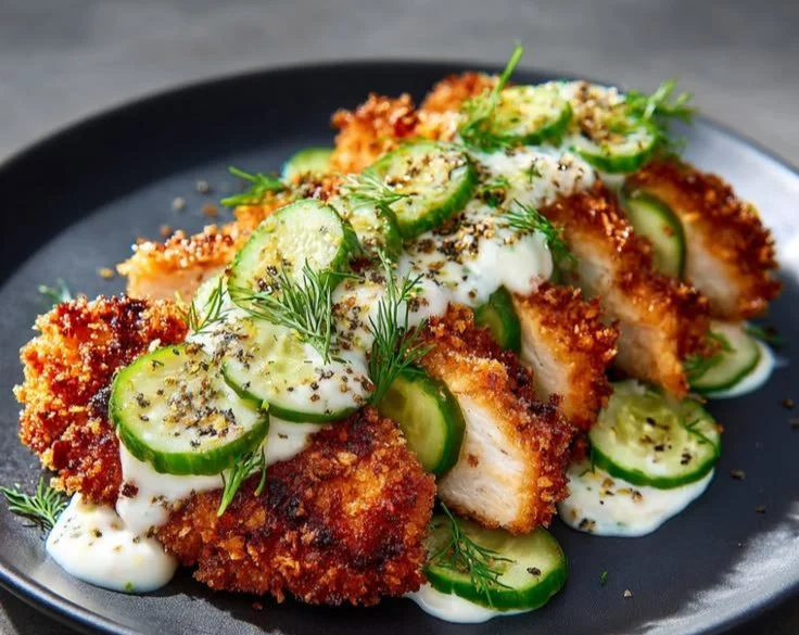 Crispy Dill Pickle Parmesan Chicken served on a plate with garnishes