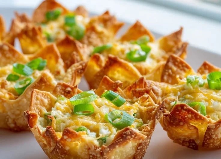Crispy jalapeno popper wonton cups served on a platter at a gathering