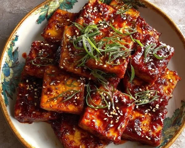 Crispy Korean Gochujang Tofu served on a plate with vegetables