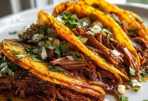 Crock Pot Birria Tacos featuring tender beef and vibrant spices on a plate