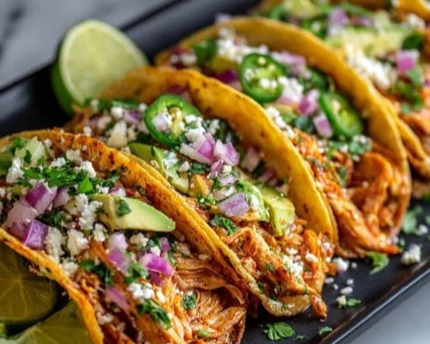 Delicious Crockpot chicken tacos on a plate with fresh toppings