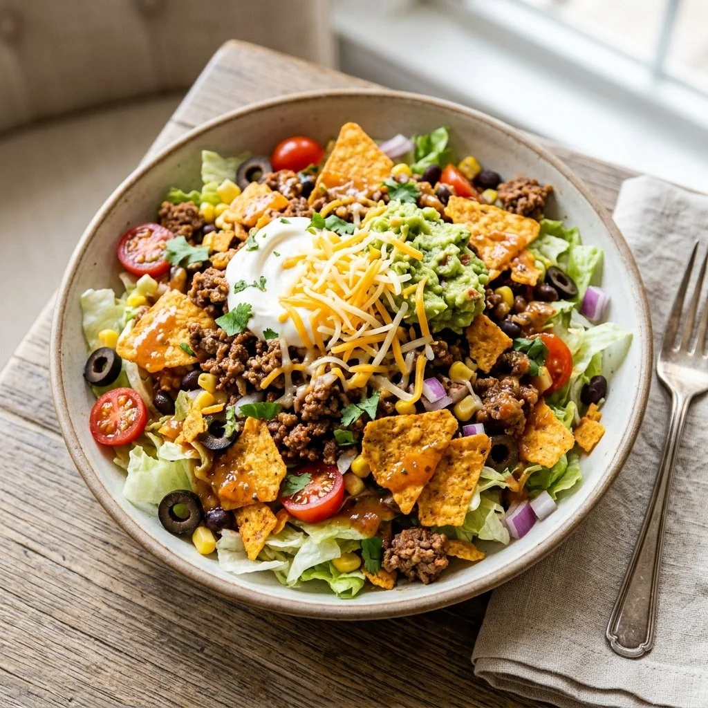 Delicious Dorito Taco Salad with colorful toppings and crunchy chips