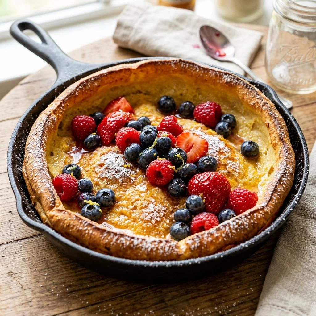 Delicious Dutch Baby pancake served with fresh fruits and powdered sugar.