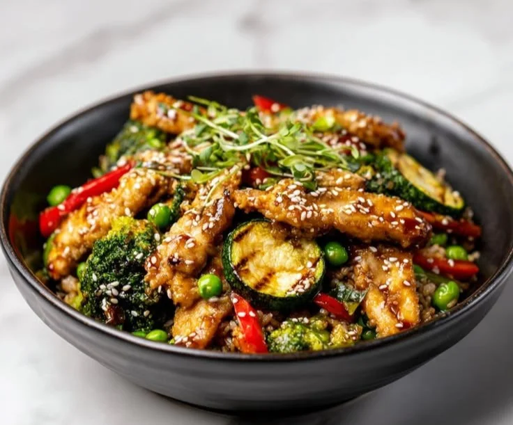 Colorful easy chicken stir-fry with vegetables in a skillet