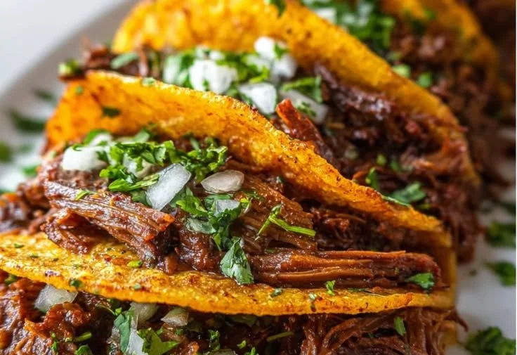 Slow cooker birria tacos with spiced beef on a plate