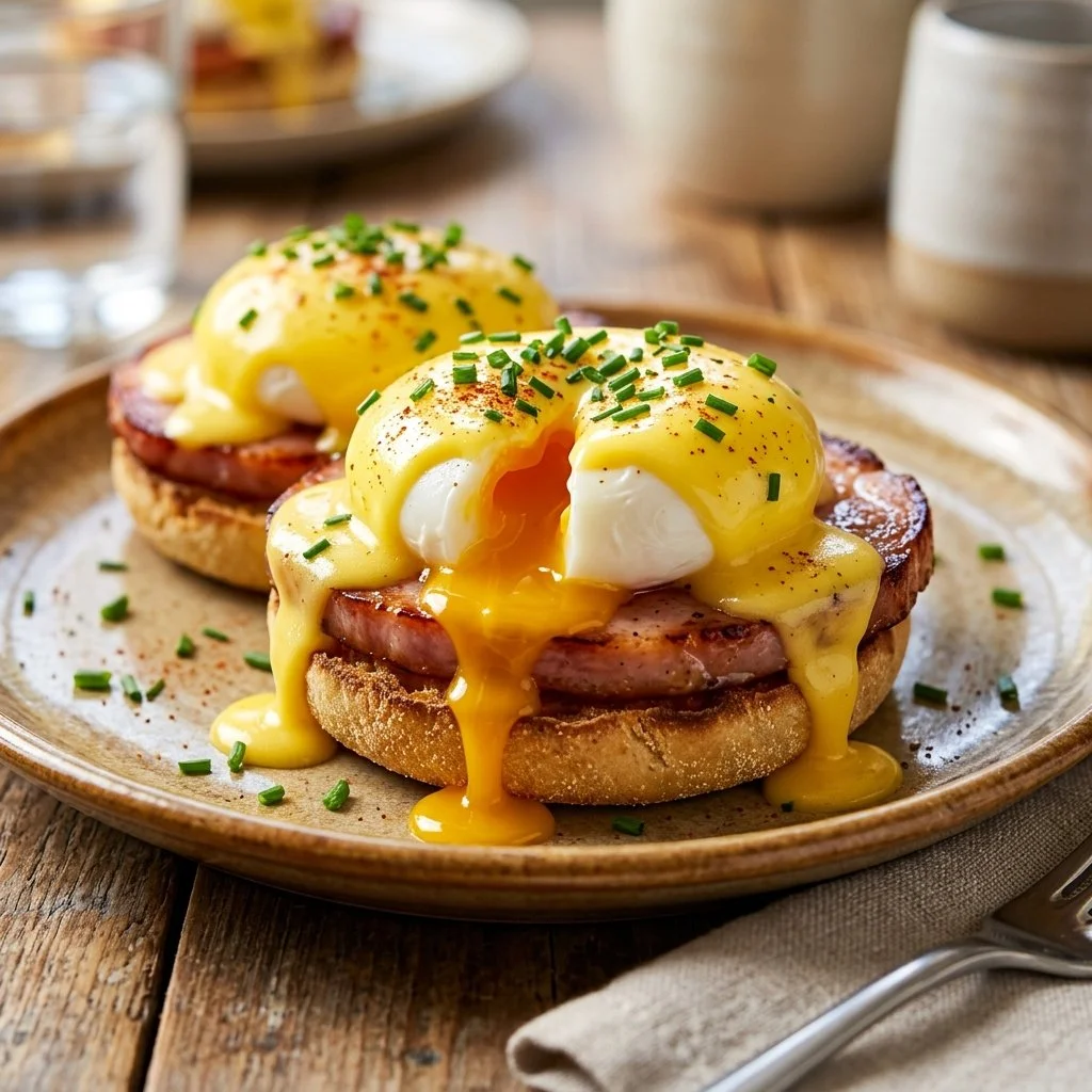 A delicious serving of Eggs Benedict with perfectly poached eggs and hollandaise sauce.