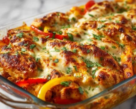 Delicious Fajita Chicken Casserole topped with colorful peppers and cheese