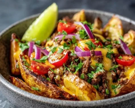 Fiesta potato bowls with high protein ingredients, served in a colorful dish.