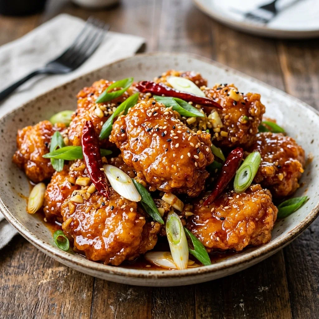Plate of spicy firecracker chicken breast served with vegetables.