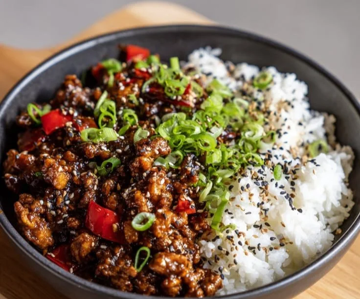 Firecracker Ground Chicken dish served in a bowl with garnish